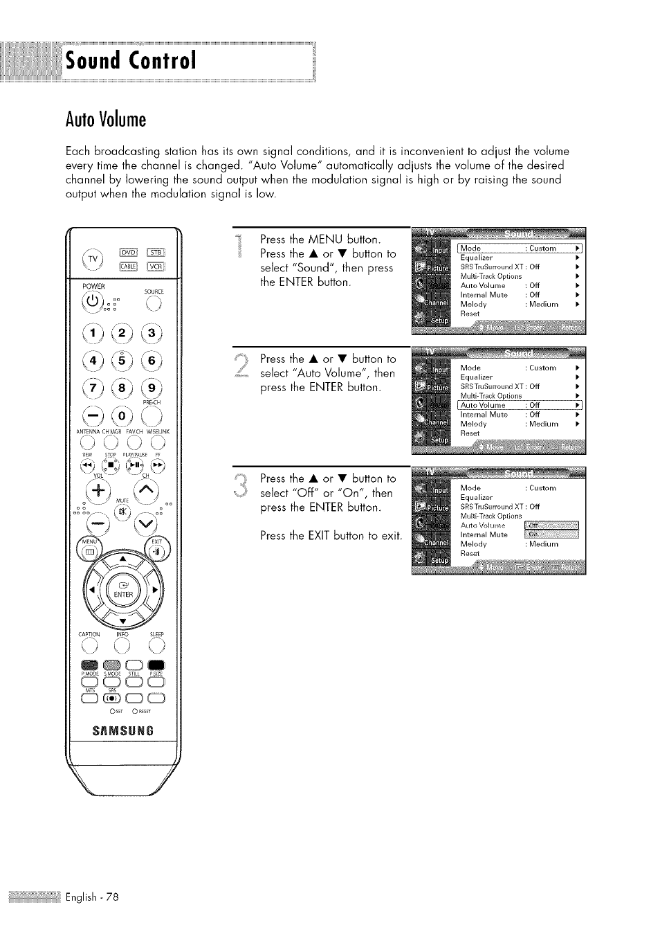 Sound control, Auto volume, Sound control auto volume | Press the | Samsung HL-$4676S User Manual | Page 78 / 135