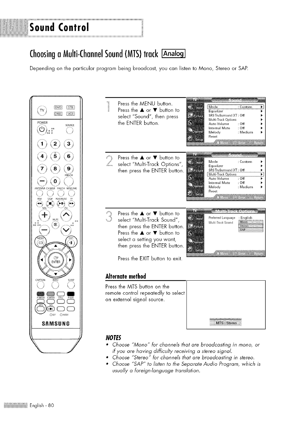 Choosing a multi-channel sound (mts) track, Analog, Sound control | Choosing 0 multi-channel sound (mts) track i, Res^t, Press the, Button to, Ii'iujr | Samsung HL-$4676S User Manual | Page 80 / 135