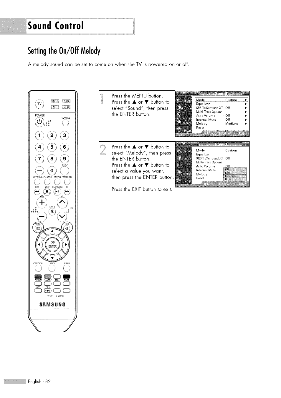 Setting the on/off melody, Sound control, Press the menu button. press the | Samsung HL-$4676S User Manual | Page 82 / 135