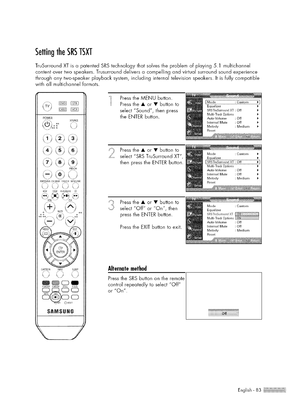 Setting the srs tsxt, M. i, Hi... i | Press the, Button to select "off" or "on", then, Press the enter button, Press the exit button to exit, Alternate method | Samsung HL-$4676S User Manual | Page 83 / 135