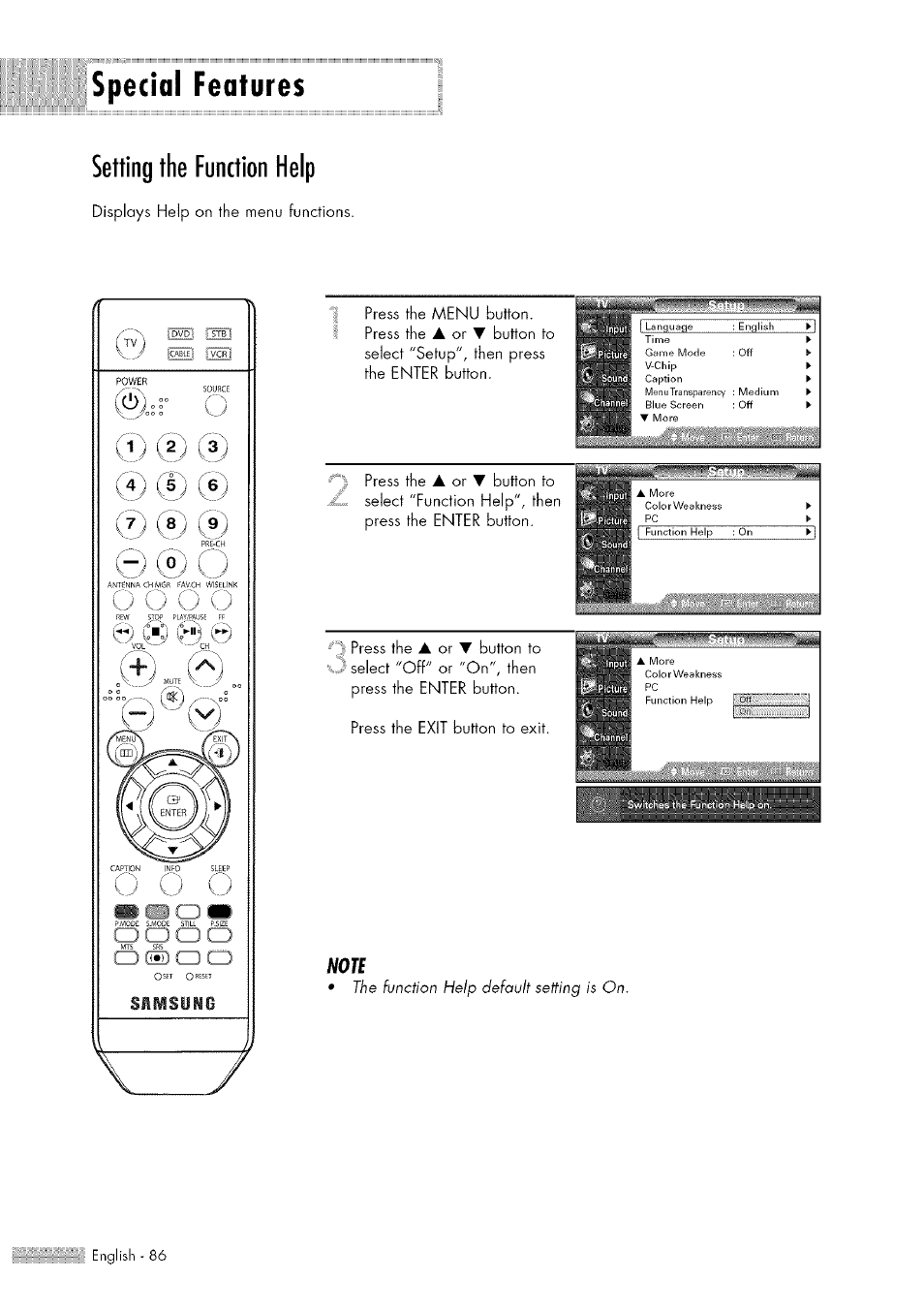 Special features, Setting the function help, Special features setting the function help | J press the, Button to, 1 iii. ■ ai; jij, Press the | Samsung HL-$4676S User Manual | Page 86 / 135