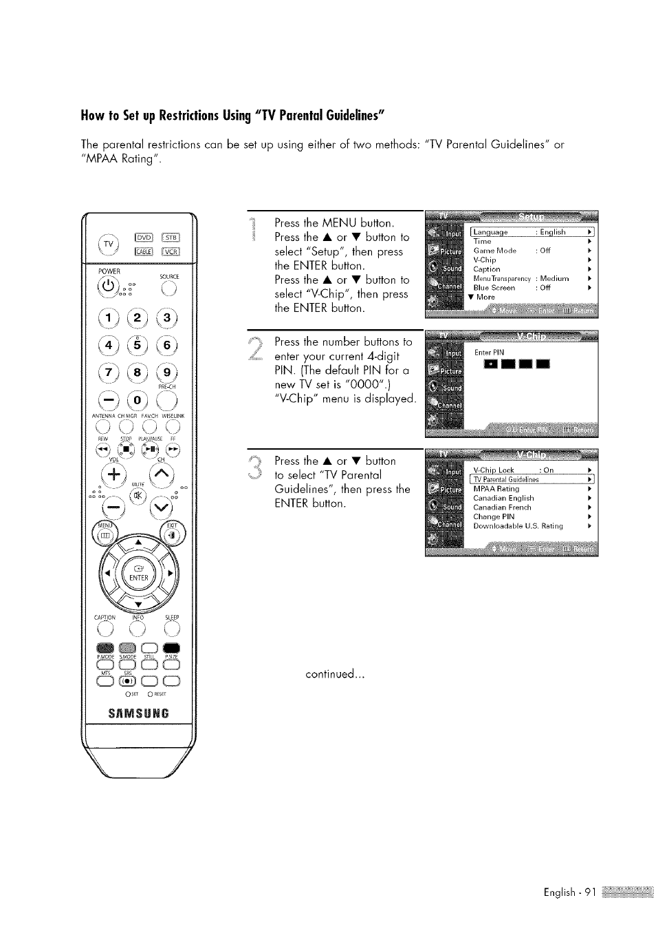 Press the menu button. press the, Continued | Samsung HL-$4676S User Manual | Page 91 / 135