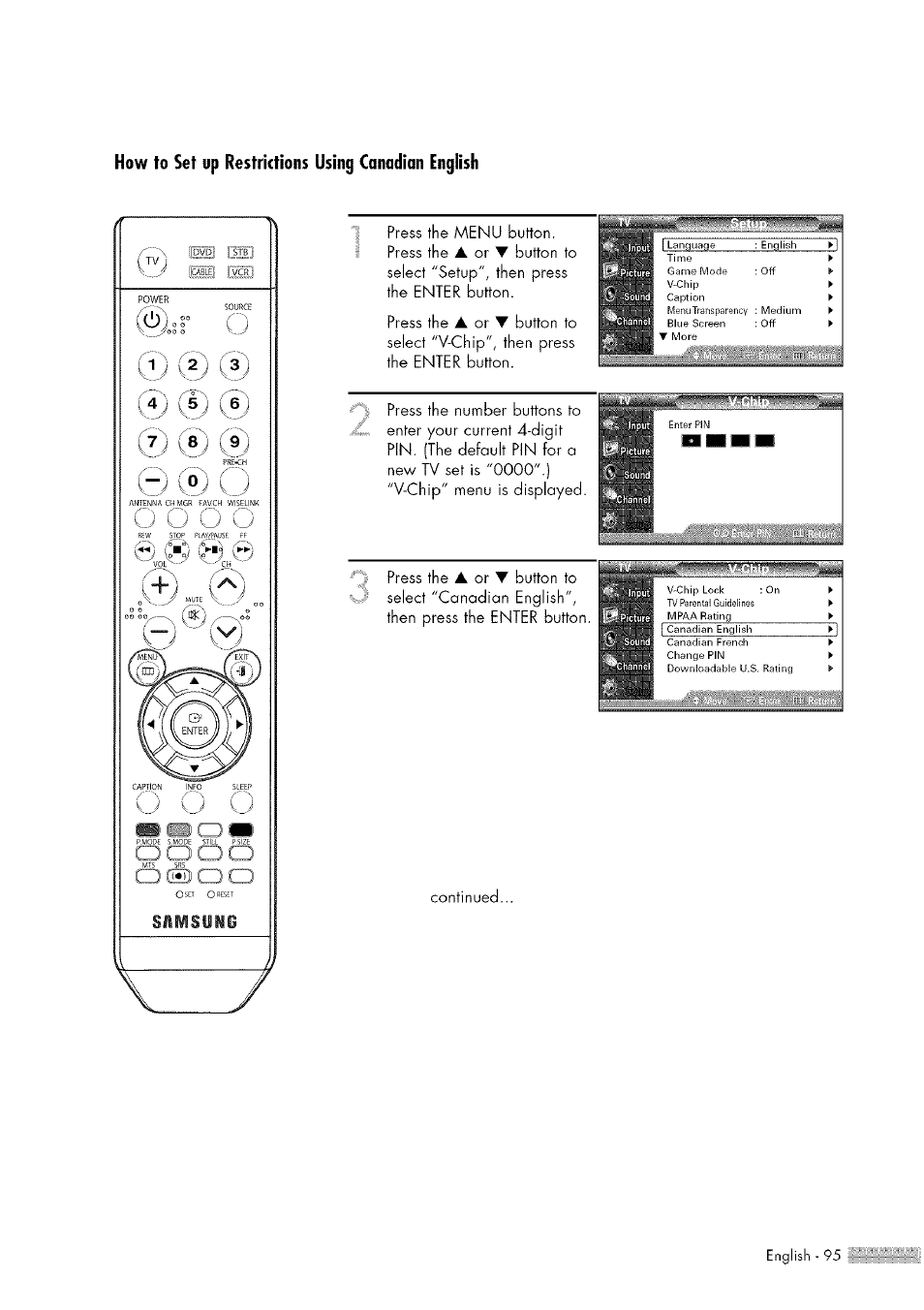 Press the menu button. press the, Or select "v-chip, Button to , then press the enter button | Samsung HL-$4676S User Manual | Page 95 / 135