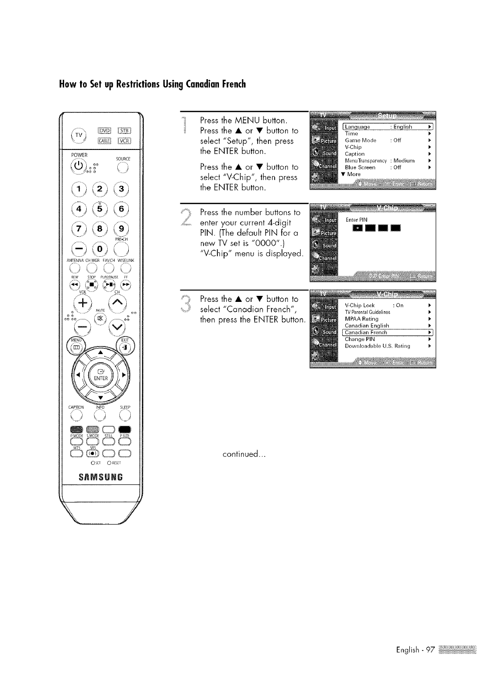 Press the menu button. press the, Press the, Button to | Select "v-chip", then press the enter button, Continued | Samsung HL-$4676S User Manual | Page 97 / 135