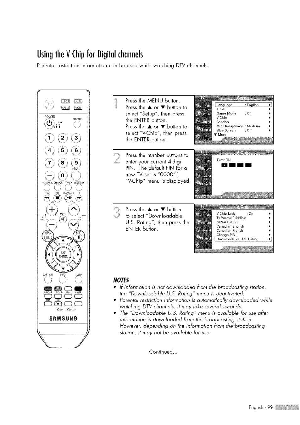 Using the v-chip for digital channels, Using the v-chip for digital channels.99, U.4i | Continued | Samsung HL-$4676S User Manual | Page 99 / 135