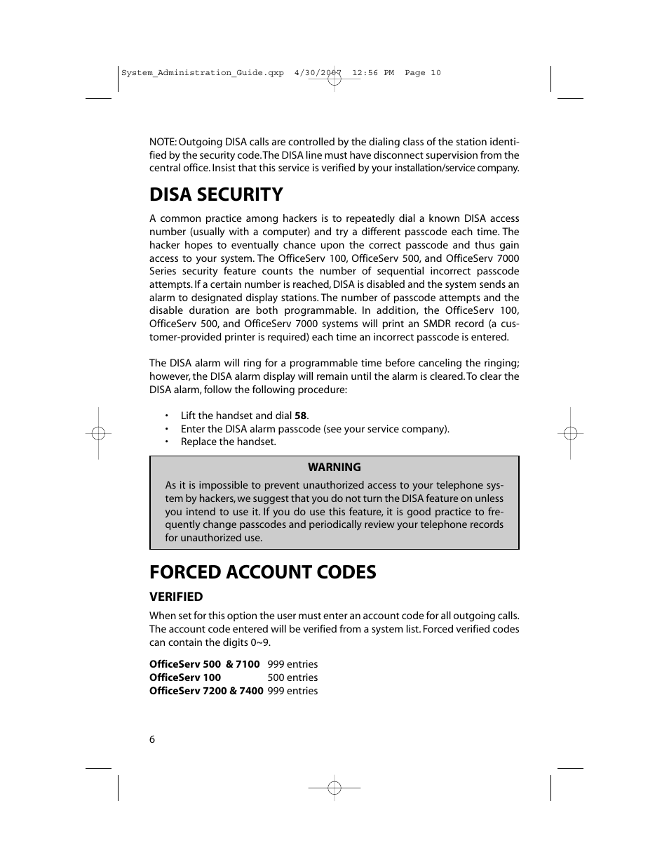 Disa security, Forced account codes | Samsung OfficeServ 7000 Series User Manual | Page 11 / 46