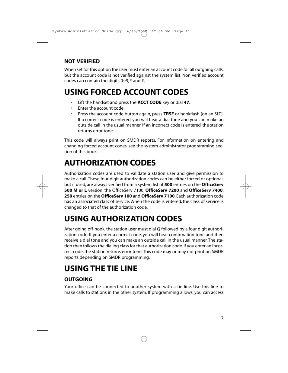 Using forced account codes, Authorization codes, Using authorization codes | Using the tie line | Samsung OfficeServ 7000 Series User Manual | Page 12 / 46
