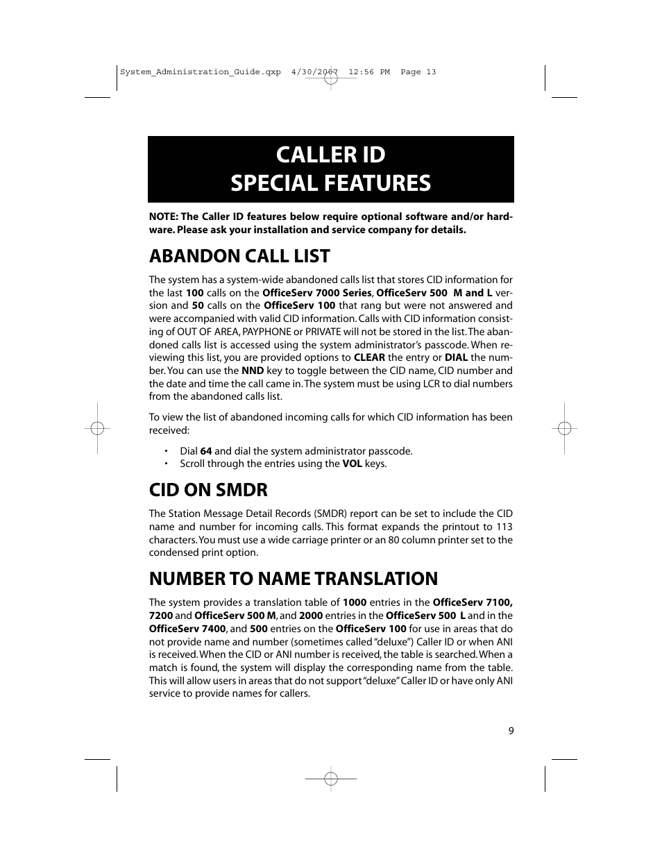 Caller id special features, Abandon call list, Cid on smdr | Number to name translation | Samsung OfficeServ 7000 Series User Manual | Page 14 / 46