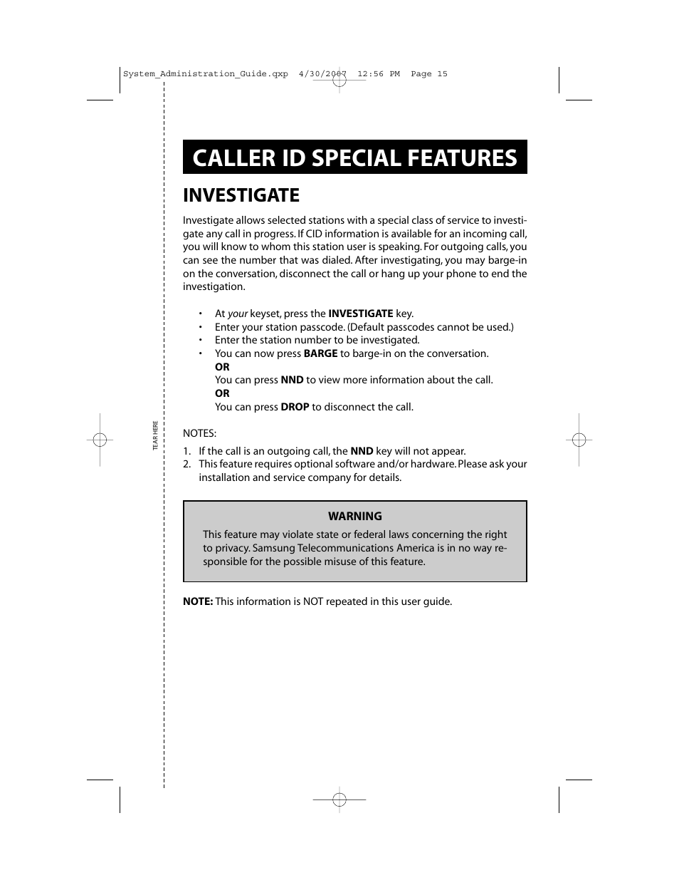 Caller id special features, System administrator programming, Investigate | Samsung OfficeServ 7000 Series User Manual | Page 16 / 46