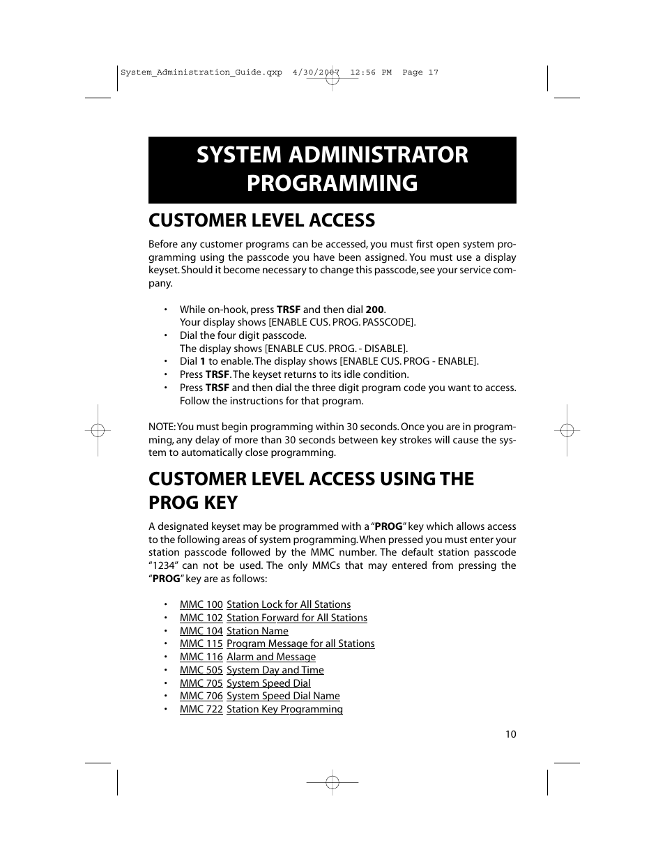 System administrator programming, Customer level access, Customer level access using the prog key | Samsung OfficeServ 7000 Series User Manual | Page 18 / 46