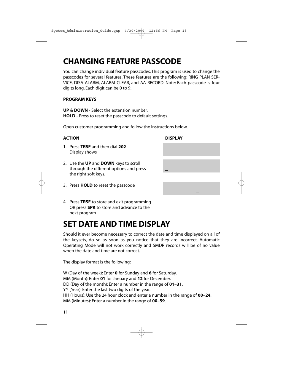 Changing feature passcode, Set date and time display | Samsung OfficeServ 7000 Series User Manual | Page 19 / 46