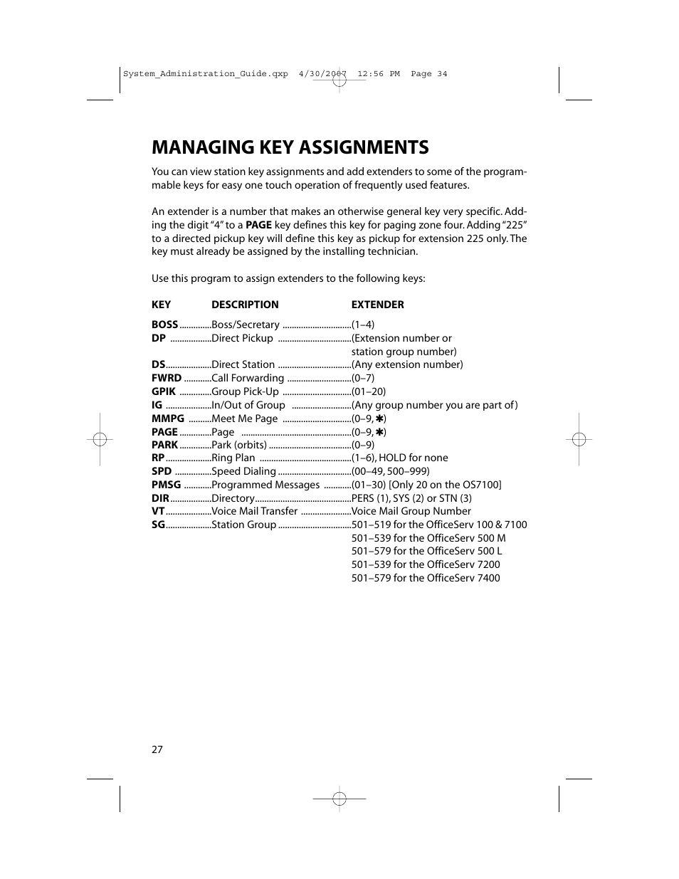 Managing key assignments | Samsung OfficeServ 7000 Series User Manual | Page 35 / 46