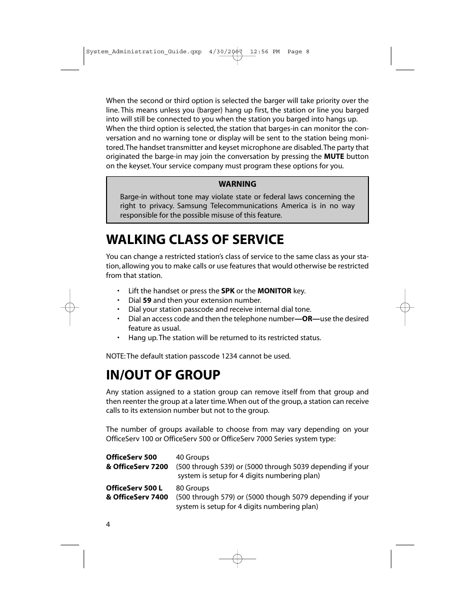 Walking class of service, In/out of group | Samsung OfficeServ 7000 Series User Manual | Page 9 / 46