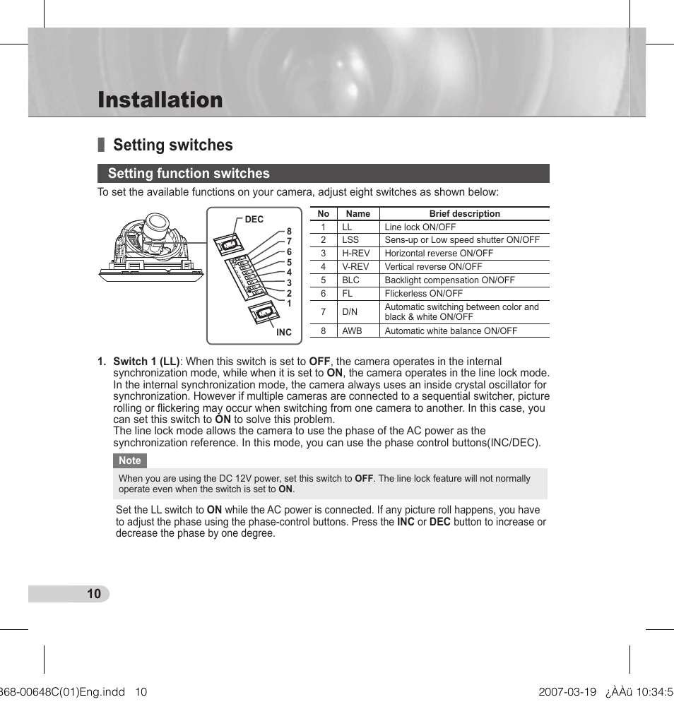 Installation, Setting switches, Setting function switches | Samsung SCC-B5352P User Manual | Page 10 / 18