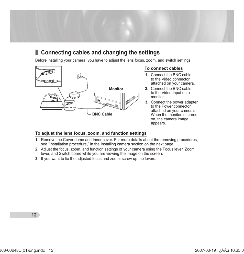 Connecting cables and changing the settings | Samsung SCC-B5352P User Manual | Page 12 / 18