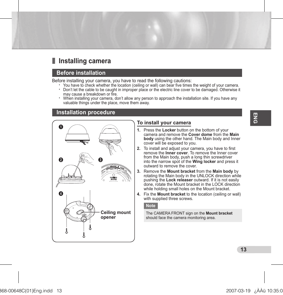 Installing camera, Before installation, Installation procedure | Samsung SCC-B5352P User Manual | Page 13 / 18