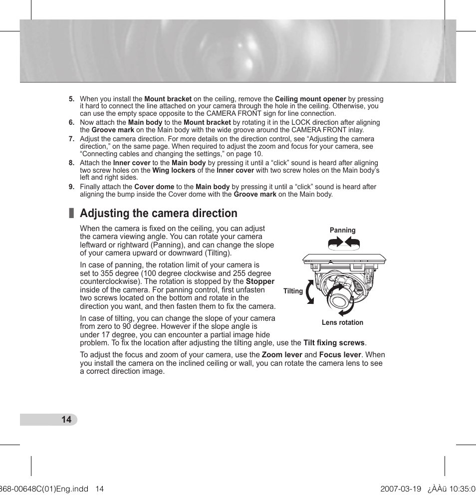 Adjusting the camera direction | Samsung SCC-B5352P User Manual | Page 14 / 18