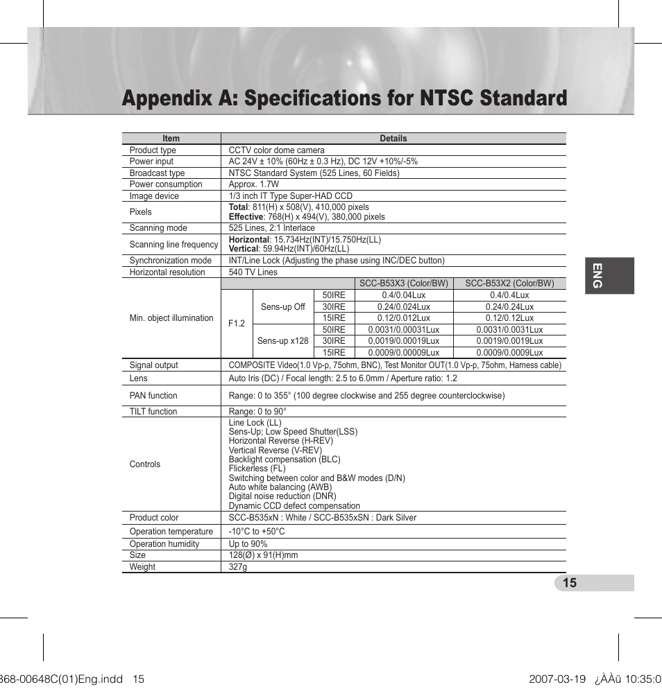 Appendix a: speciﬁcations for ntsc standard | Samsung SCC-B5352P User Manual | Page 15 / 18