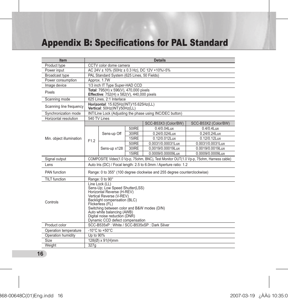 Appendix b: speciﬁcations for pal standard | Samsung SCC-B5352P User Manual | Page 16 / 18