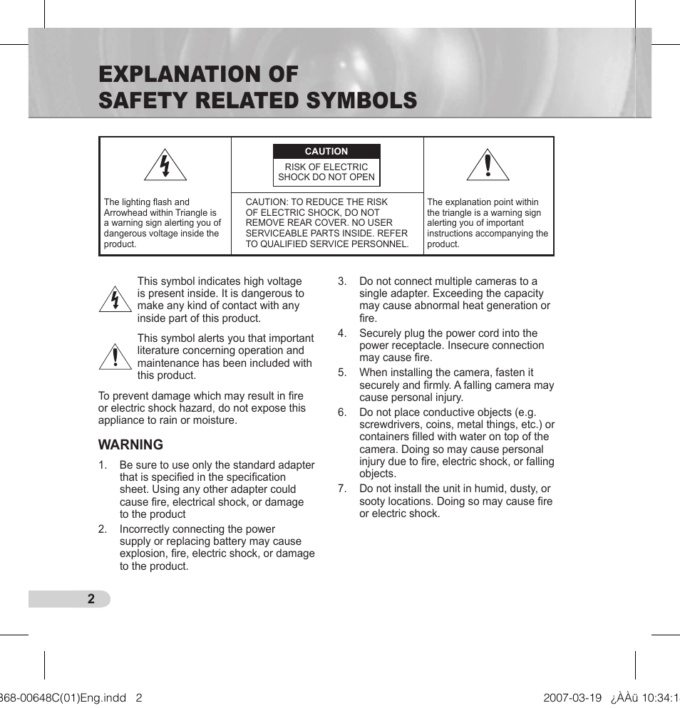 Explanation of safety related symbols, Warning | Samsung SCC-B5352P User Manual | Page 2 / 18