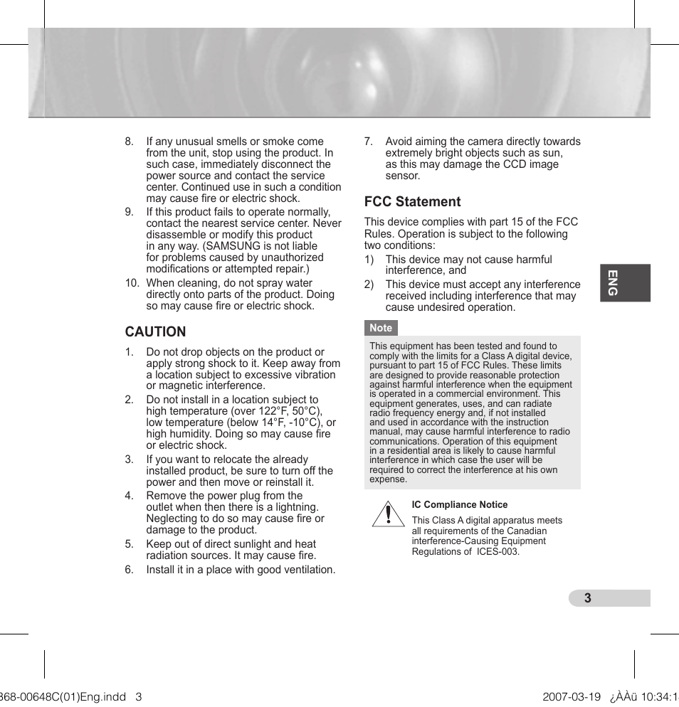 Caution, Fcc statement | Samsung SCC-B5352P User Manual | Page 3 / 18