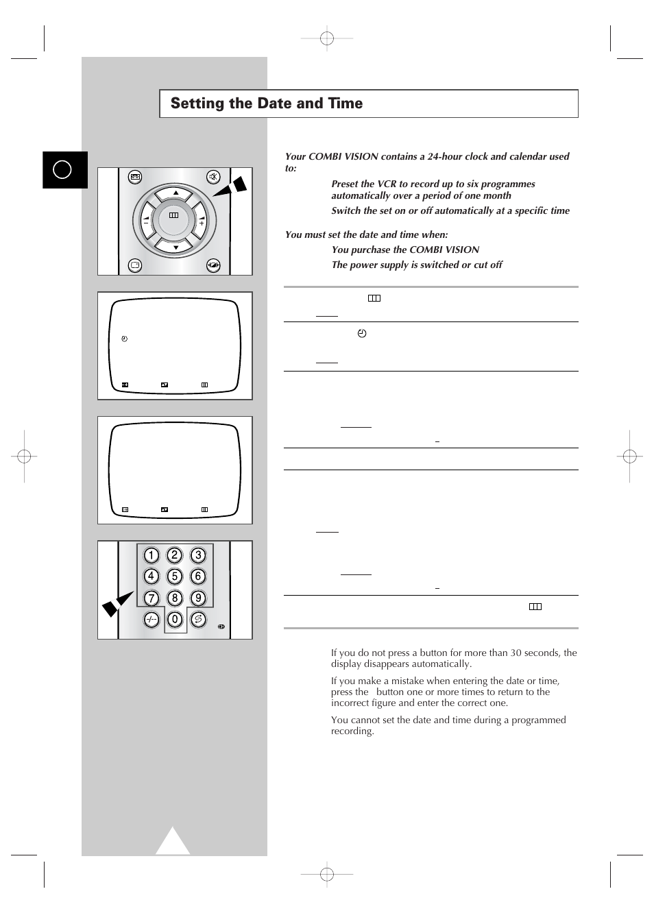 Setting the date and time | Samsung Colour TV/VCR User Manual | Page 12 / 56
