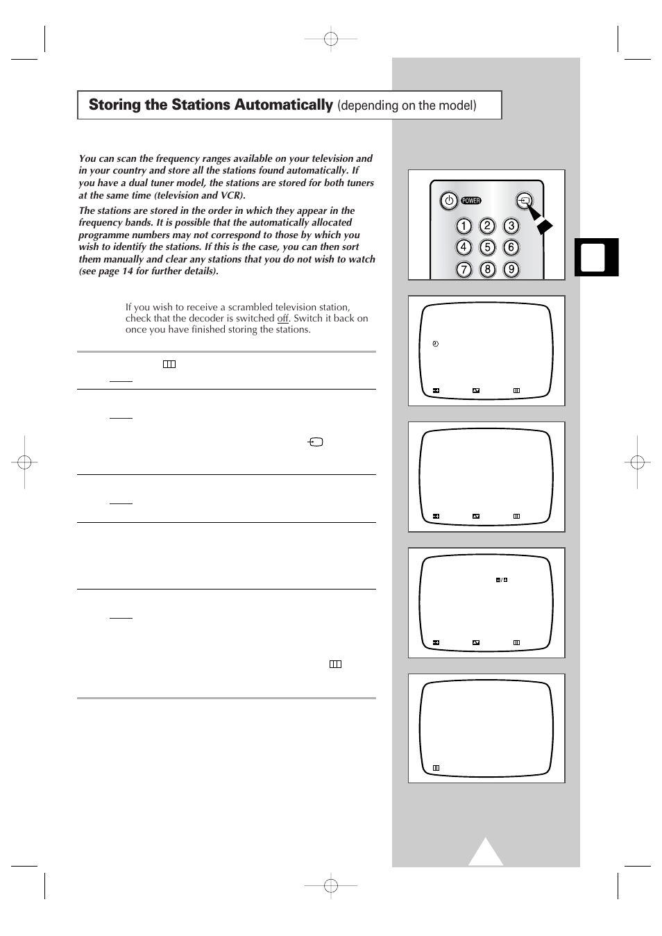 Storing the stations automatically, Depending on the model) | Samsung Colour TV/VCR User Manual | Page 13 / 56