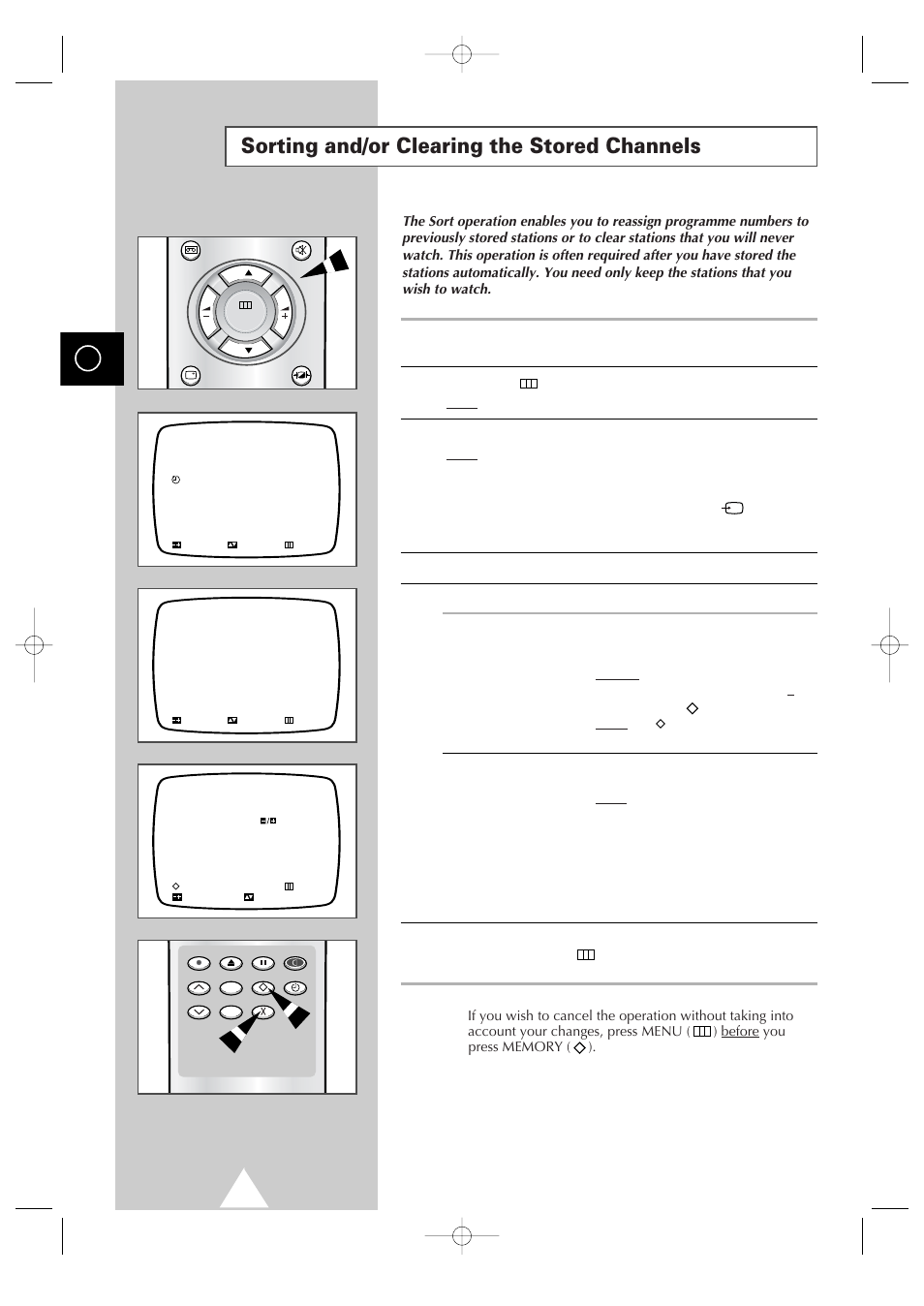 Sorting and/or clearing the stored channels | Samsung Colour TV/VCR User Manual | Page 14 / 56