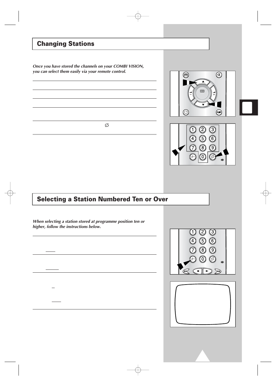 Changing stations, Selecting a station numbered ten or over | Samsung Colour TV/VCR User Manual | Page 15 / 56