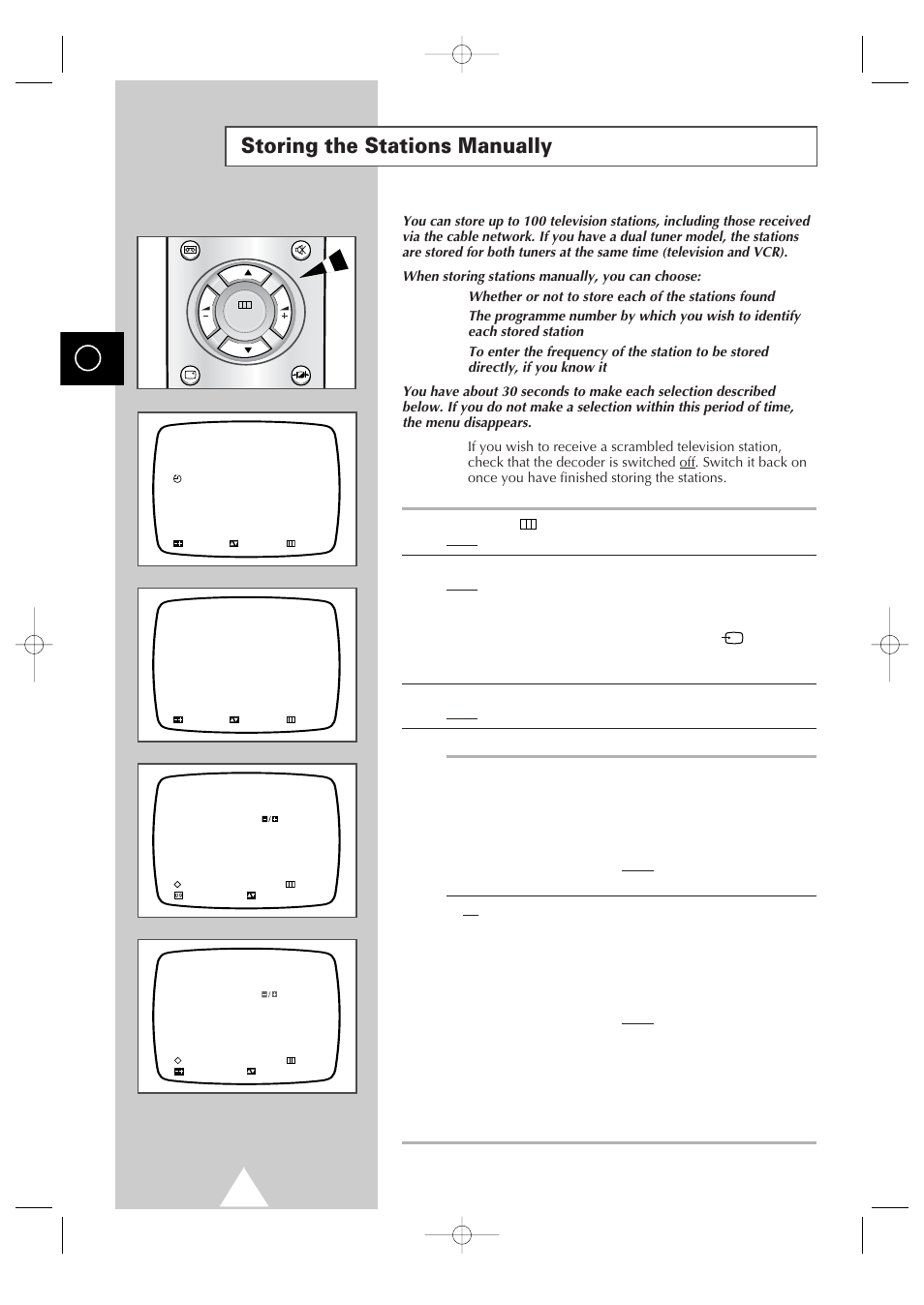 Storing the stations manually | Samsung Colour TV/VCR User Manual | Page 16 / 56