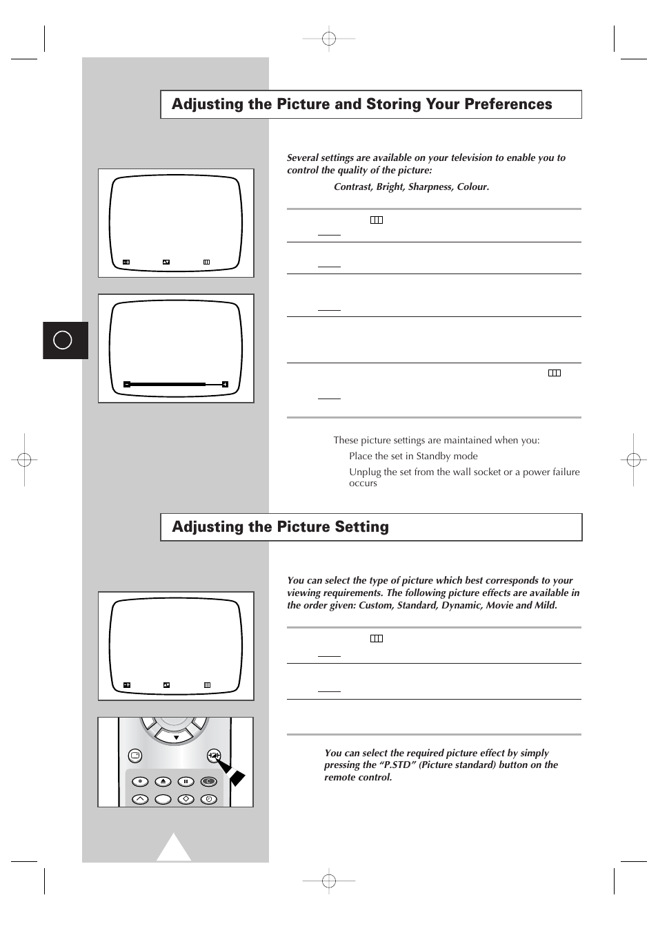 Adjusting the picture and storing your preferences, Adjusting the picture setting | Samsung Colour TV/VCR User Manual | Page 18 / 56