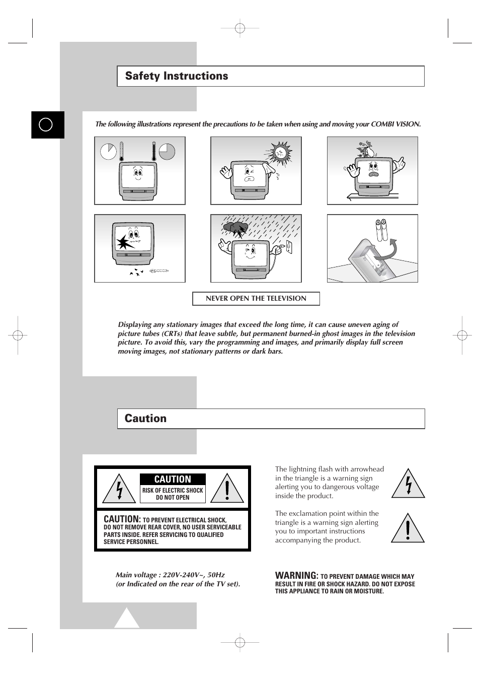 Safety instructions, Caution, Warning | Samsung Colour TV/VCR User Manual | Page 2 / 56