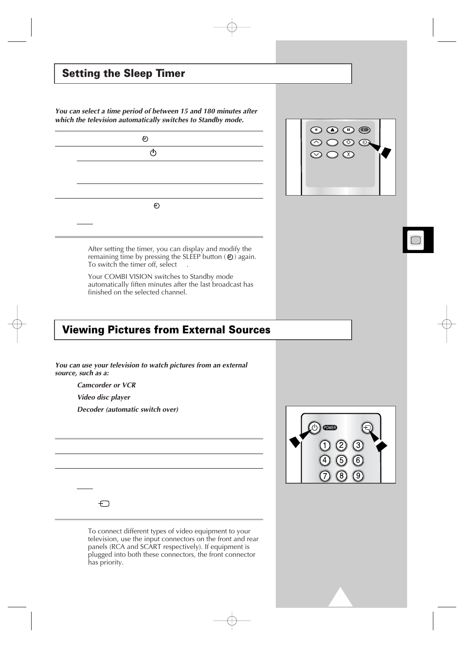 Setting the sleep timer, Viewing pictures from external sources | Samsung Colour TV/VCR User Manual | Page 21 / 56