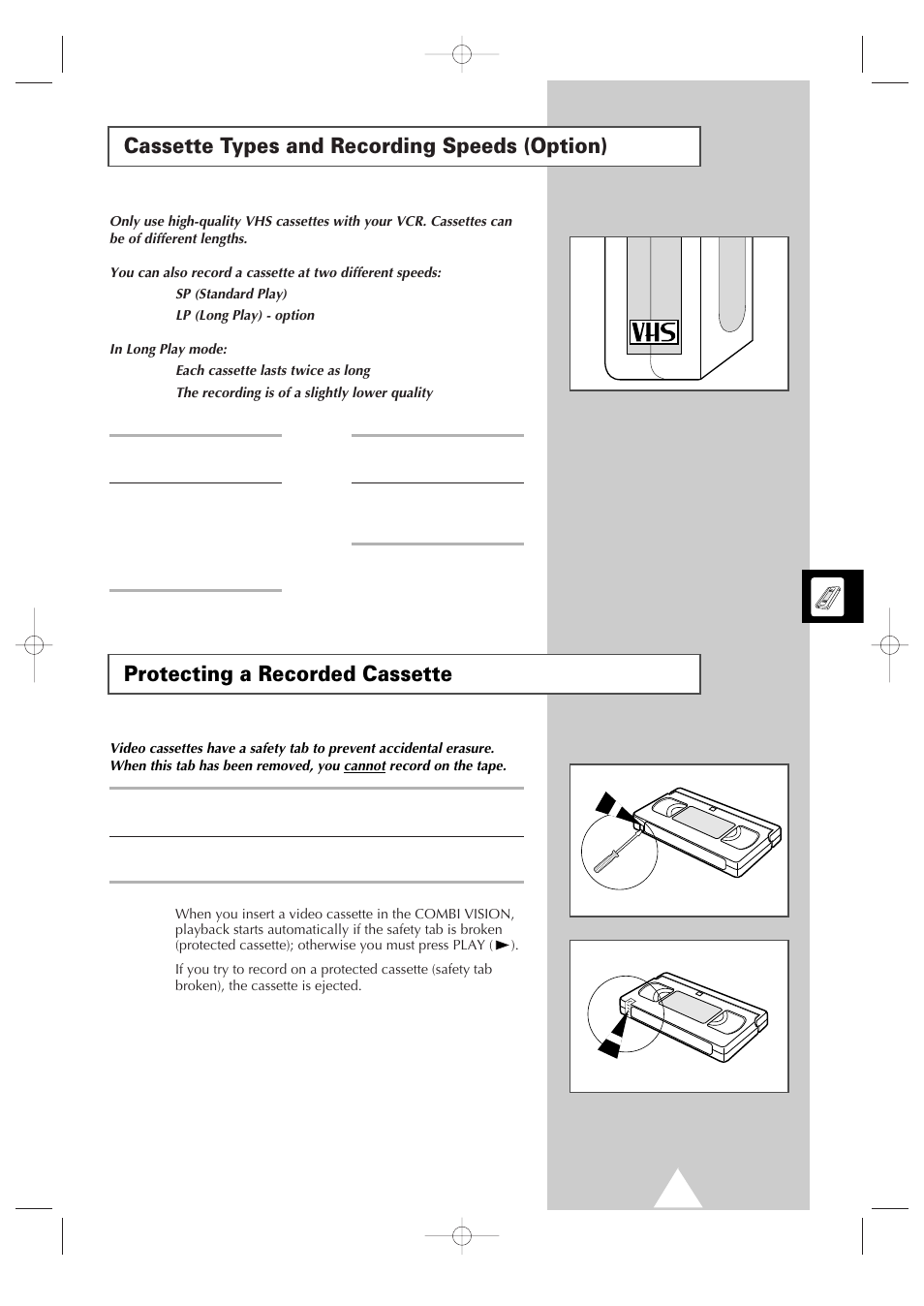 Cassette types and recording speeds (option), Protecting a recorded cassette | Samsung Colour TV/VCR User Manual | Page 23 / 56