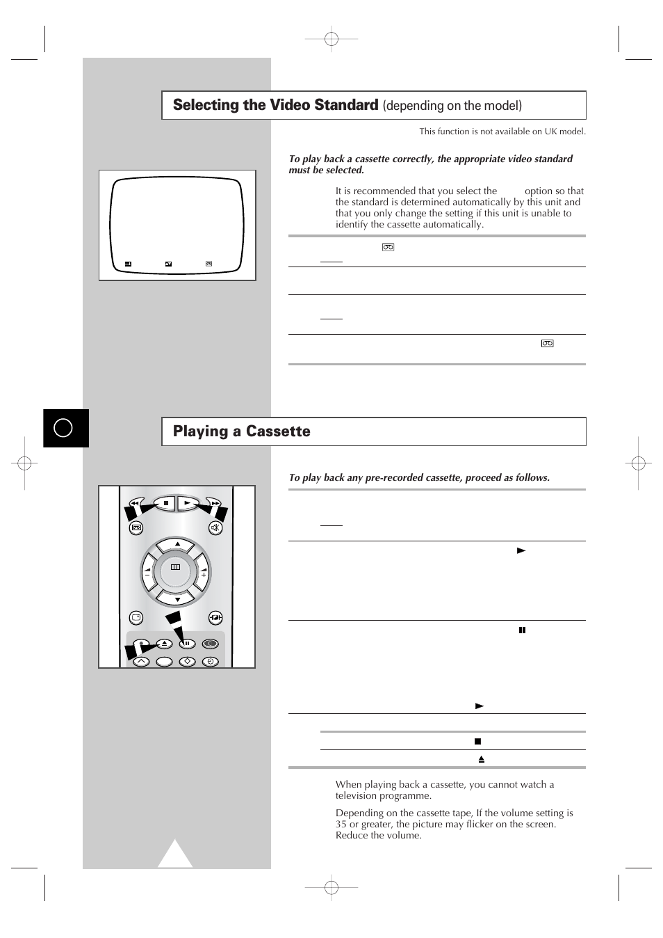 Playing a cassette, Selecting the video standard, Depending on the model) | Samsung Colour TV/VCR User Manual | Page 24 / 56