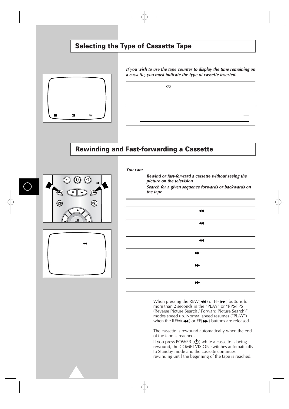 Selecting the type of cassette tape, Rewinding and fast-forwarding a cassette | Samsung Colour TV/VCR User Manual | Page 26 / 56