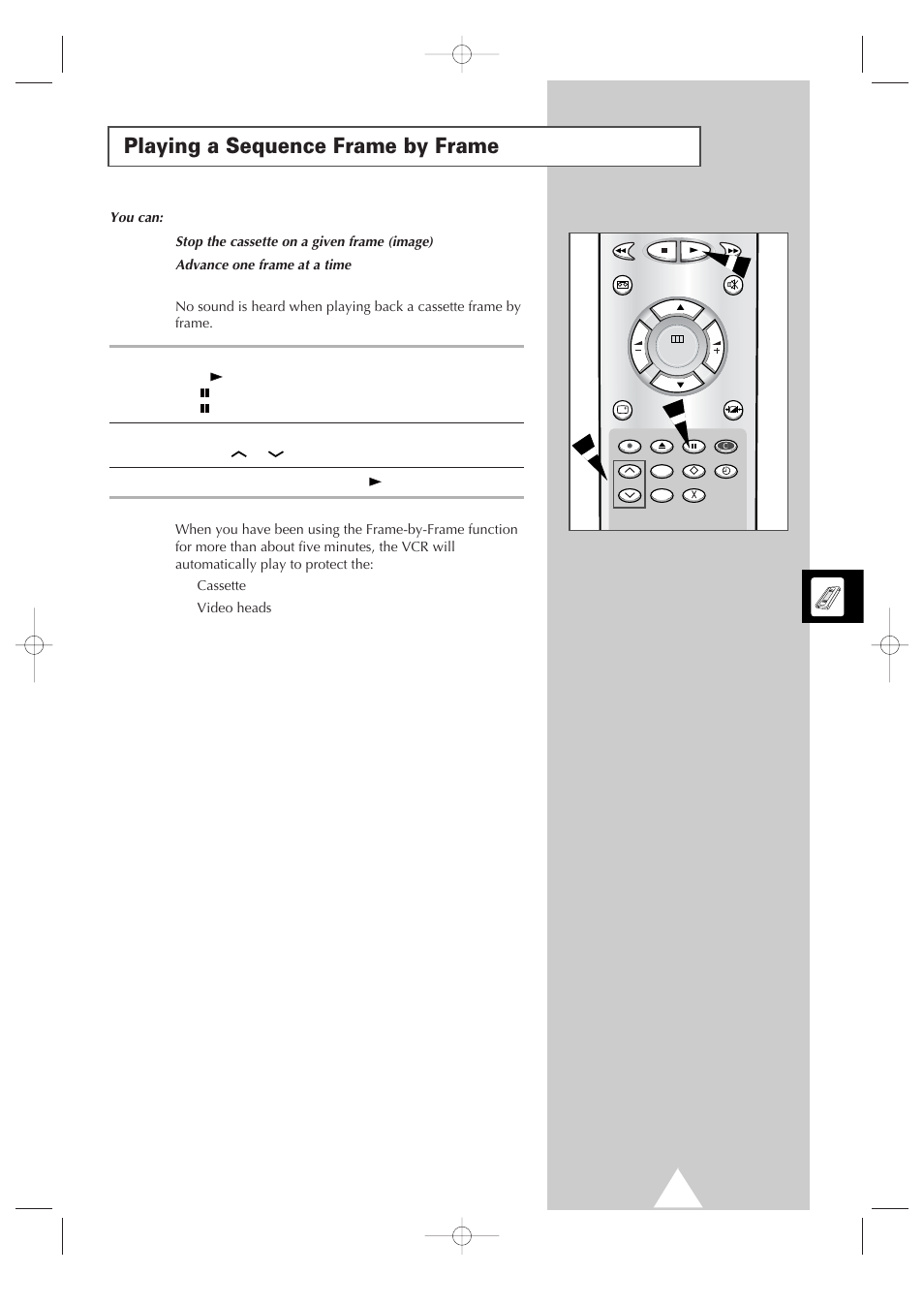 Playing a sequence frame by frame | Samsung Colour TV/VCR User Manual | Page 27 / 56