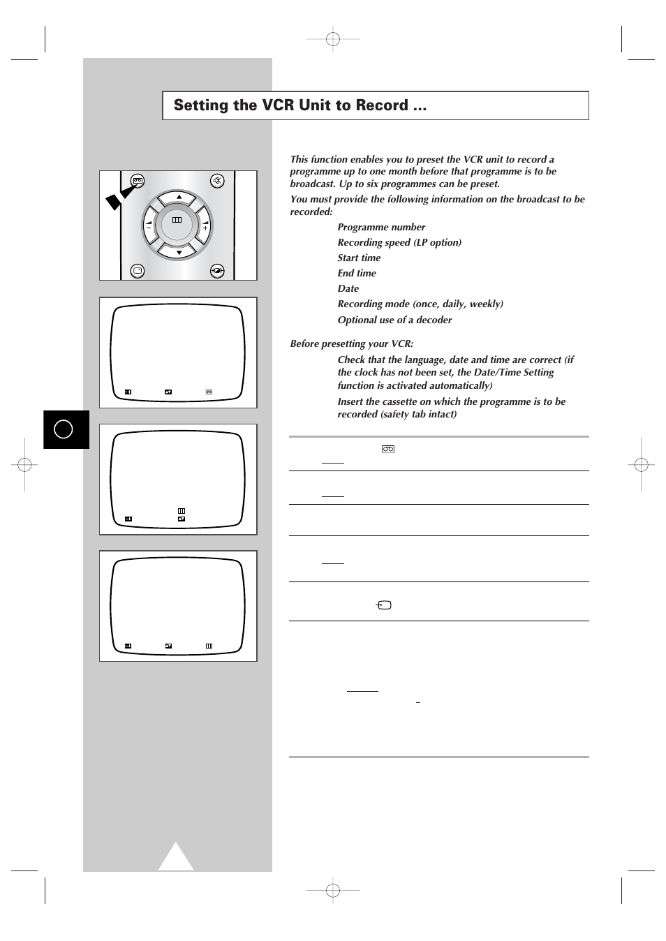 Setting the vcr unit to record | Samsung Colour TV/VCR User Manual | Page 32 / 56