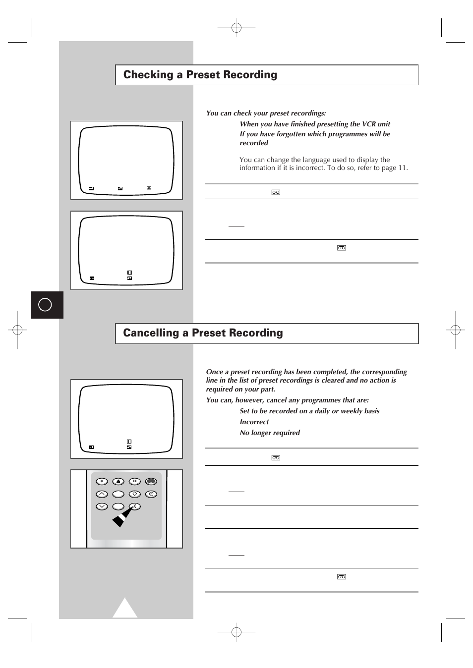 Checking a preset recording, Cancelling a preset recording | Samsung Colour TV/VCR User Manual | Page 34 / 56