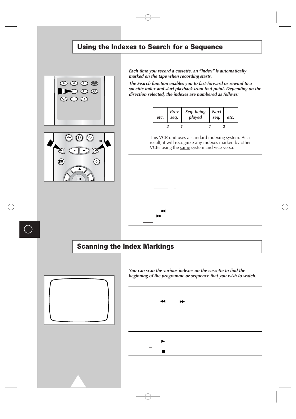 Using the indexes to search for a sequence, Scanning the index markings | Samsung Colour TV/VCR User Manual | Page 36 / 56