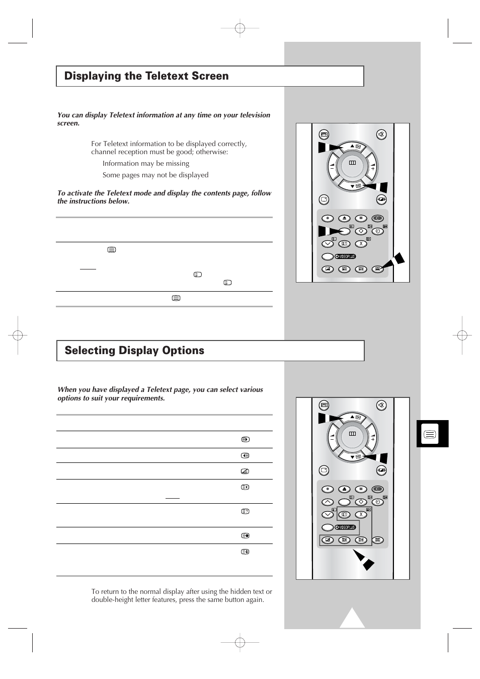 Displaying the teletext screen, Selecting display options | Samsung Colour TV/VCR User Manual | Page 39 / 56