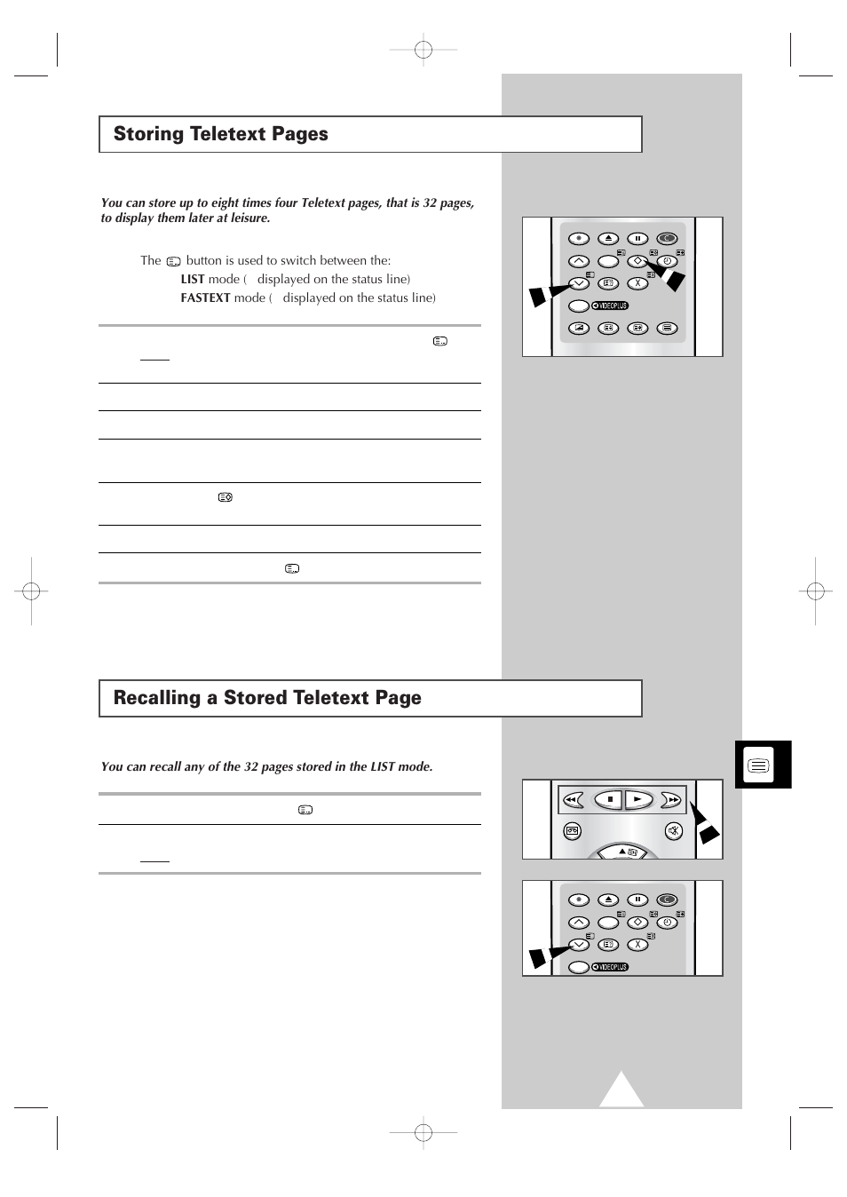 Storing teletext pages, Recalling a stored teletext page | Samsung Colour TV/VCR User Manual | Page 41 / 56