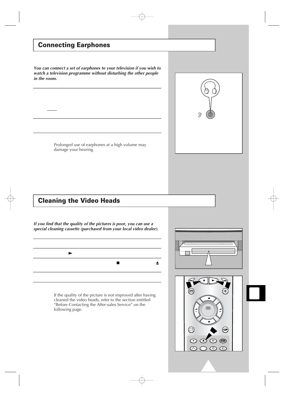 Connecting earphones, Cleaning the video heads, Connecting earphones cleaning the video heads | Samsung Colour TV/VCR User Manual | Page 43 / 56