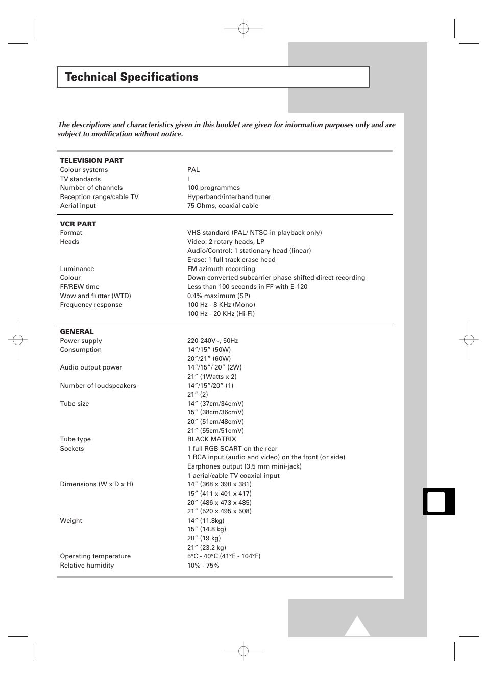 Technical specifications | Samsung Colour TV/VCR User Manual | Page 45 / 56