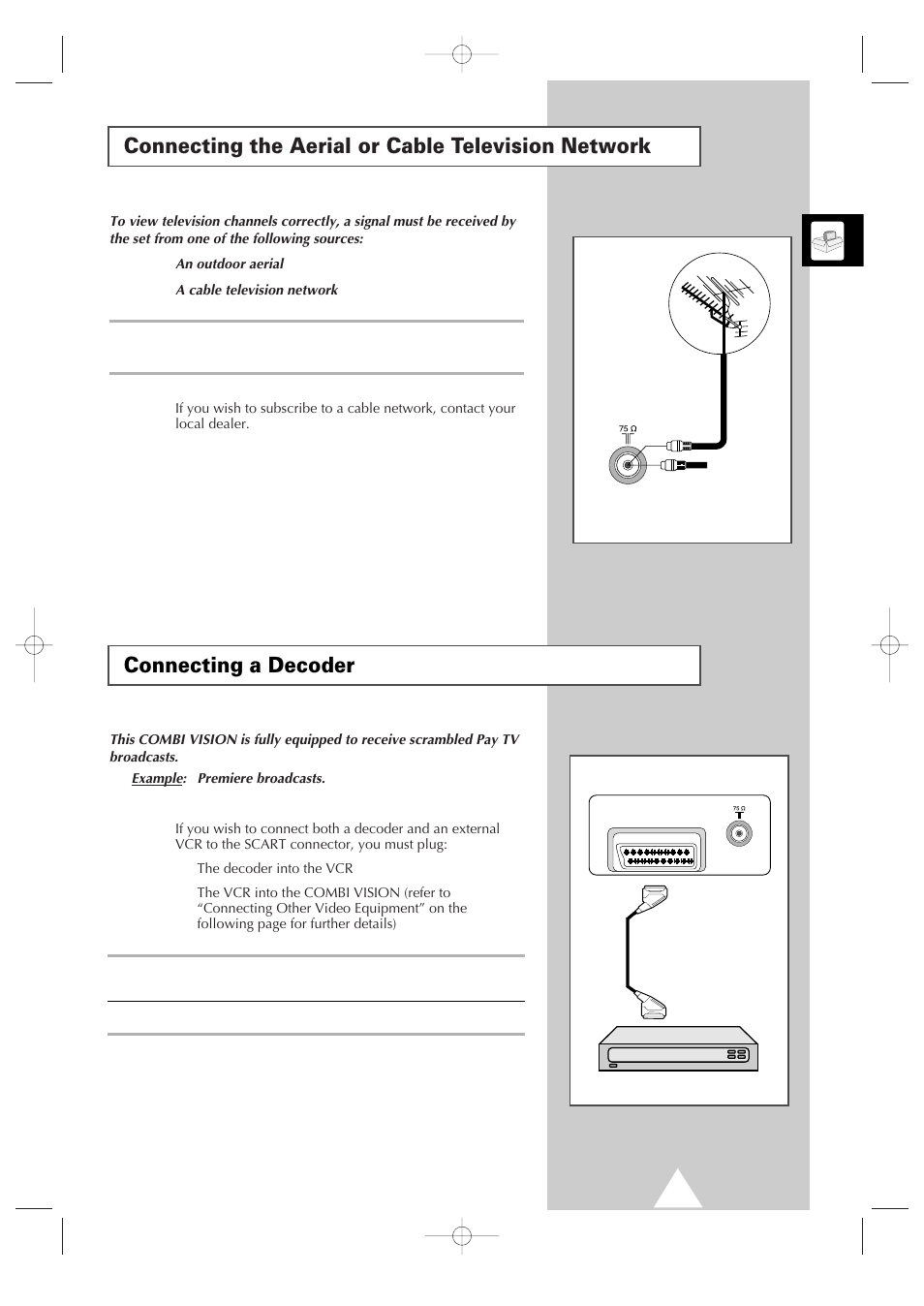 Connecting the aerial or cable television network, Connecting a decoder | Samsung Colour TV/VCR User Manual | Page 5 / 56