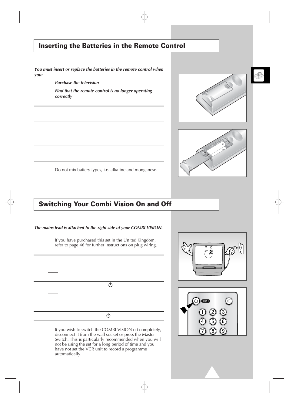 Inserting the batteries in the remote control, Switching your combi vision on and off | Samsung Colour TV/VCR User Manual | Page 7 / 56