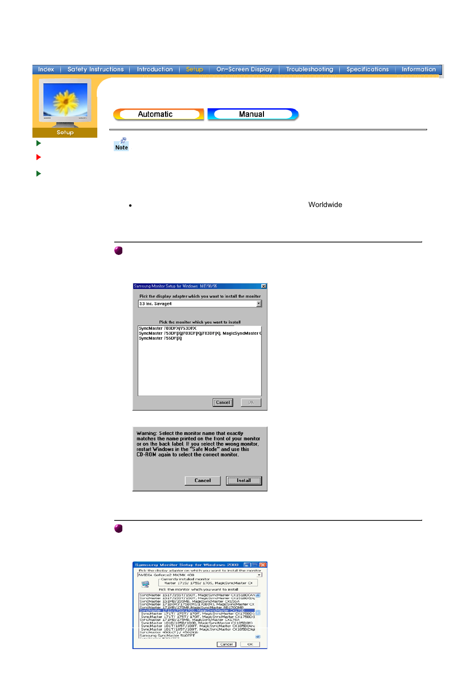 Installing the monitor driver, Automatic, Manual | Samsung GH17ASBS User Manual | Page 13 / 47