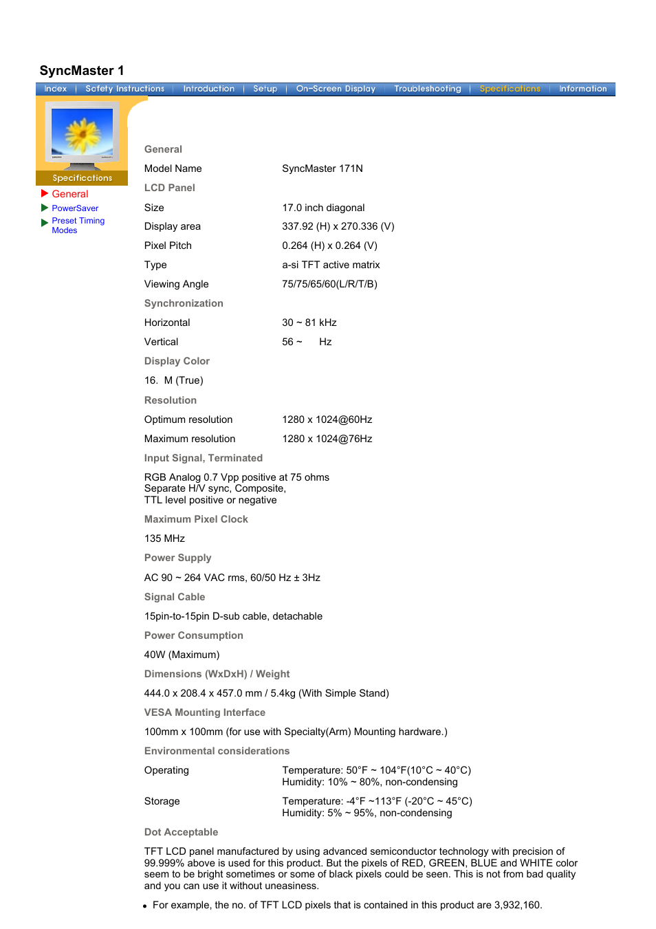 Specifications, General specifications, Syncmaster 171n | Samsung GH17ASBS User Manual | Page 27 / 47