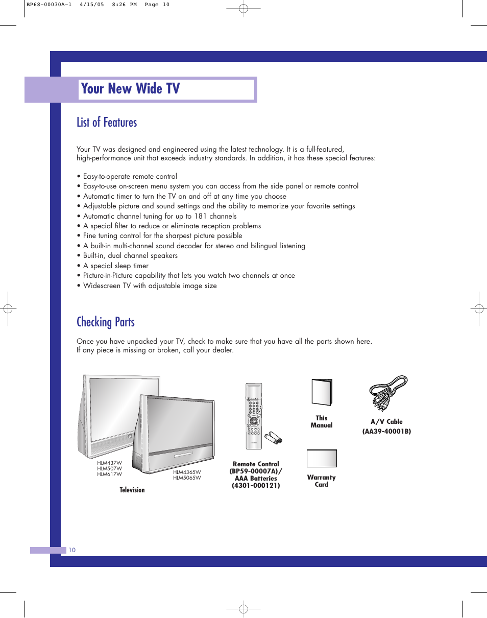 List of features, Checking parts, Your new wide tv | Samsung Tantus HLM 5065W User Manual | Page 10 / 88