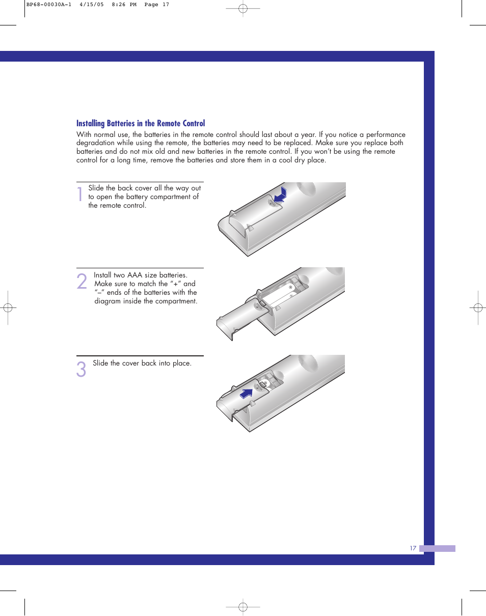 Installing batteries in the remote control | Samsung Tantus HLM 5065W User Manual | Page 17 / 88